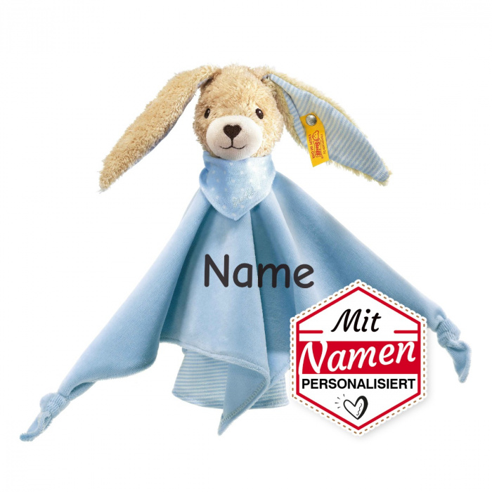 Steiff Bio Schmusetuch mit Namen, Hoppel Hase Blau, Geschenk personalisiert zur Geburt & Taufe, bestickt