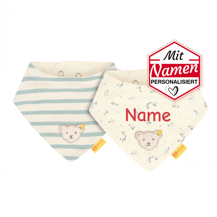 Steiff Baby Halstuch (2er Pack, Antique White) mit Namen personalisiert - Baby Geschenk zum 1. Geburtstag & Taufe, bestickt
