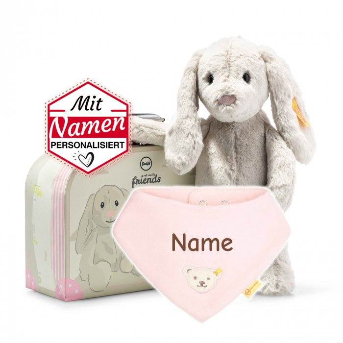 Steiff Hoppie Hase + Halstuch Fleece Silver Pink Rosa bestickt