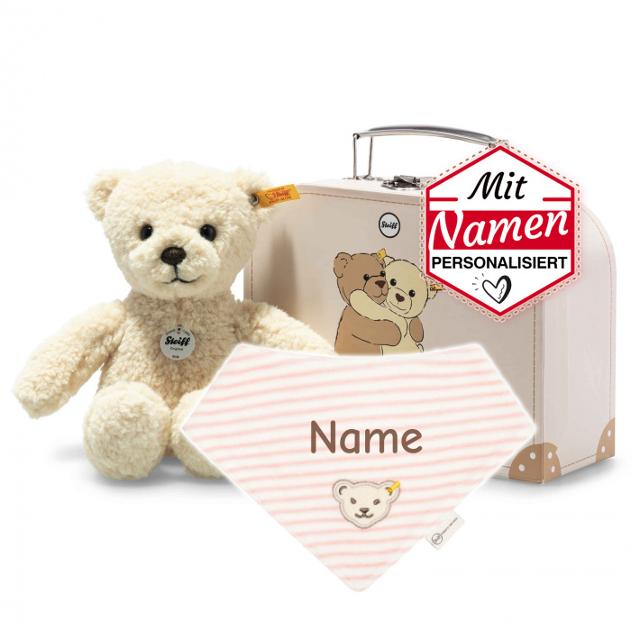 Steiff Mila Teddybär + besticktes Halstuch GOTS Silver Pink im Koffer