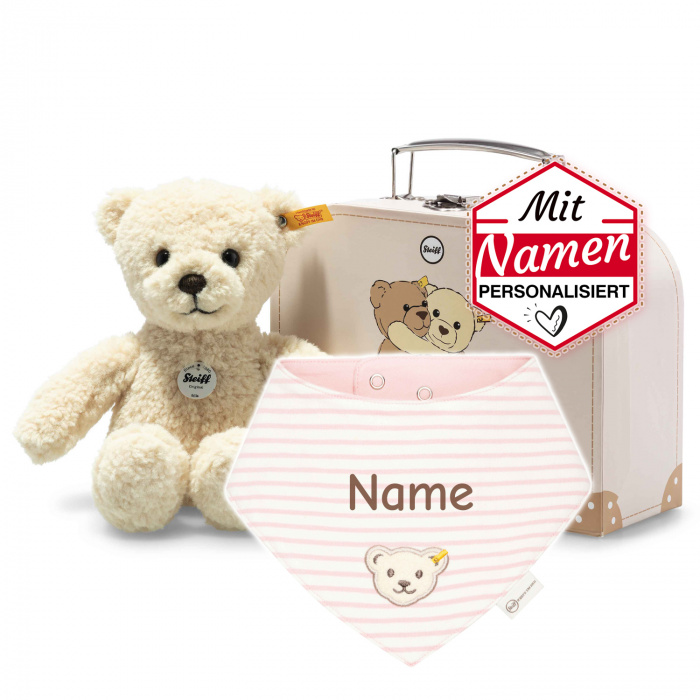 Steiff Mila Teddybär + besticktes Halstuch GOTS Silver Pink im Koffer als Babygeschenk