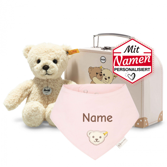 Steiff Mila Teddybär + besticktes Halstuch GOTS Silver Pink Rosa im Koffer