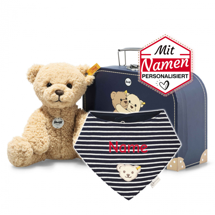 Steiff Ben Teddybär + besticktes Halstuch GOTS Navy im Koffer