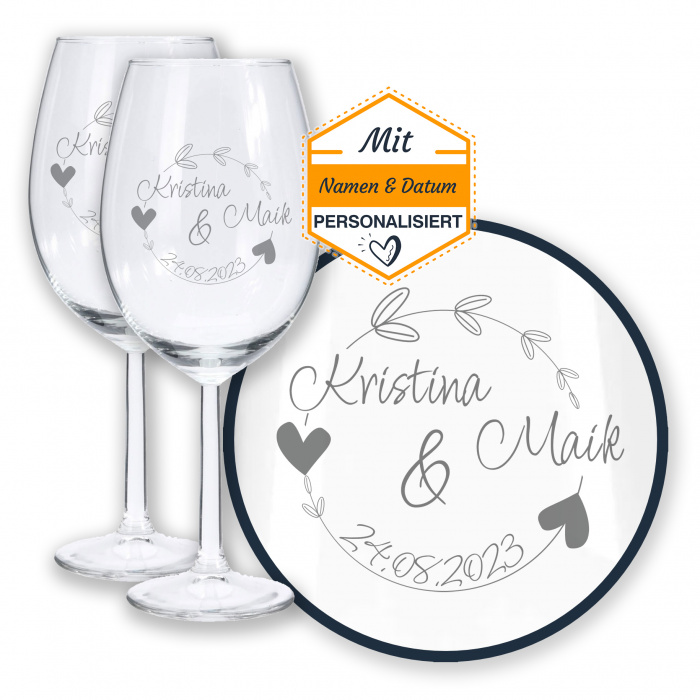 Hochzeitstag Geschenkideen: Weingläser mit Gravur, Motiv Kreisromantik