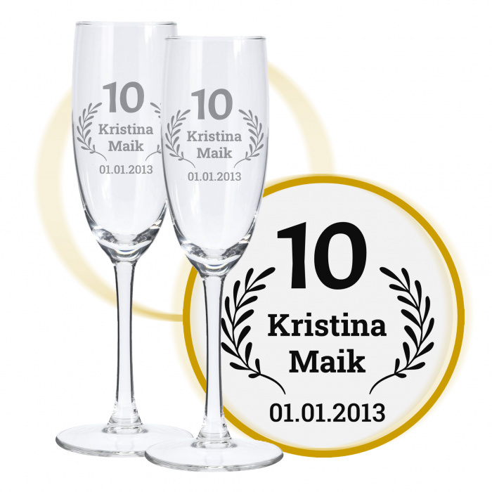 Sektglas mit Gravur zum 10. Hochzeitstag, Liebeslicht