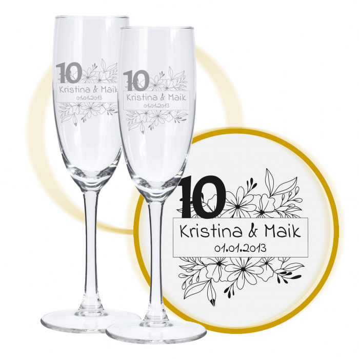 Sektglas mit Gravur zum 10. Hochzeitstag, Blumenkuss