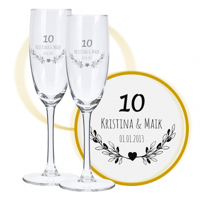 Sektglas mit Gravur zum 10. Hochzeitstag, Blumenherz