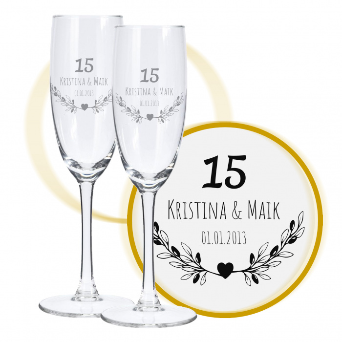 Sektglas mit Gravur zum 15. Hochzeitstag, Ringliebe