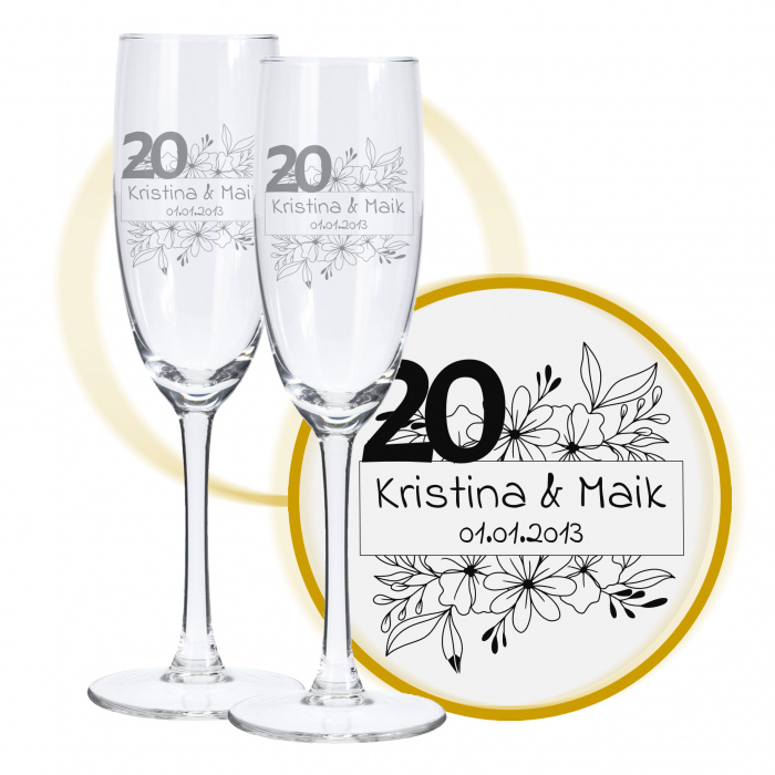 Sektglas mit Gravur zum 20. Hochzeitstag, Blumenkuss