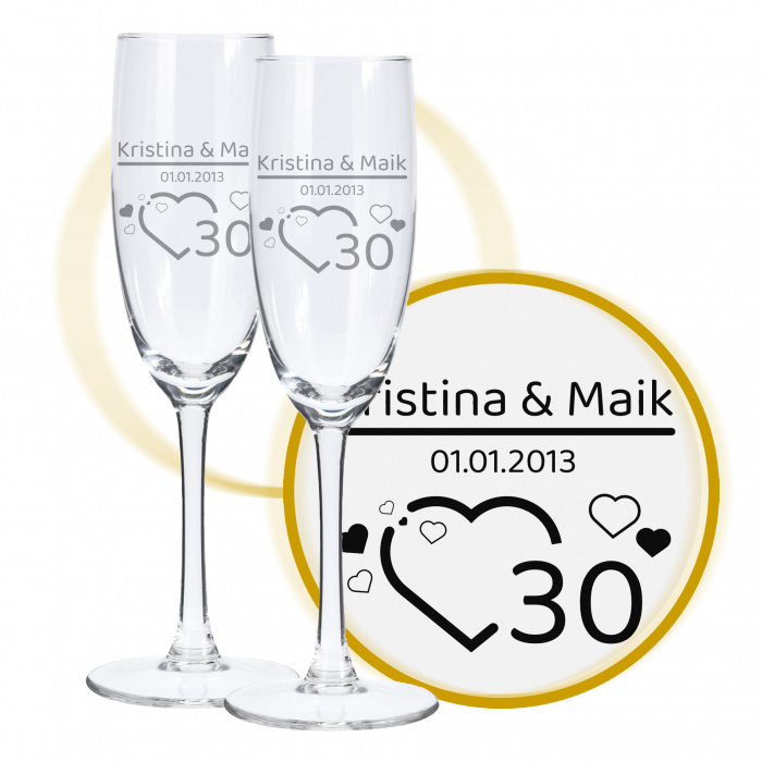 Sektglas mit Gravur zum 30. Hochzeitstag, Herzfunken