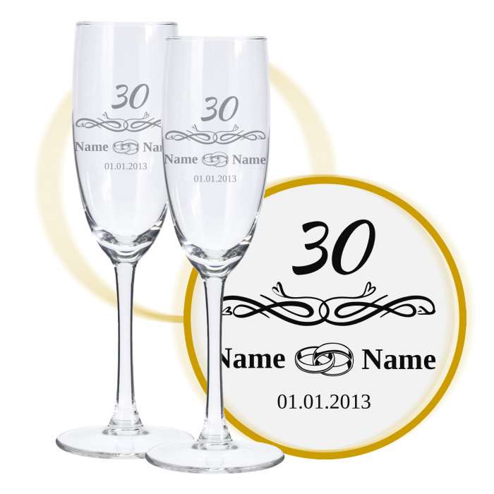 Sektglas mit Gravur zum 30. Hochzeitstag, Ringliebe