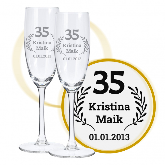 Sektglas mit Gravur zum 35. Hochzeitstag, Liebeslicht