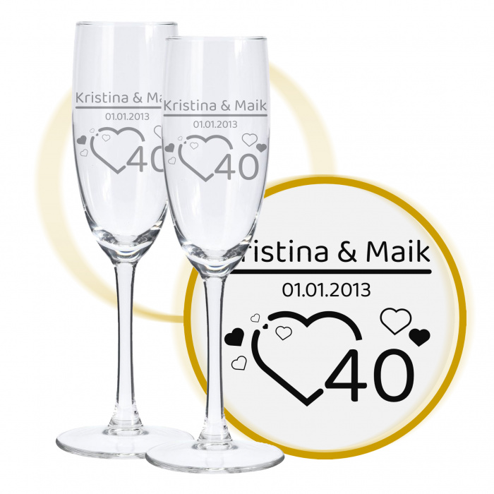 Sektglas mit Gravur zum 40. Hochzeitstag, Herzfunken