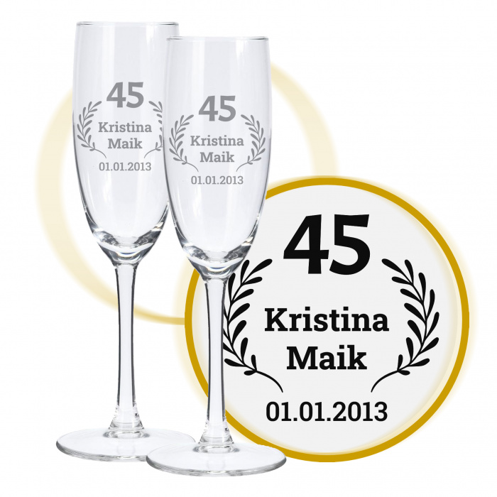 Sektglas mit Gravur zum 45. Hochzeitstag, Liebeslicht