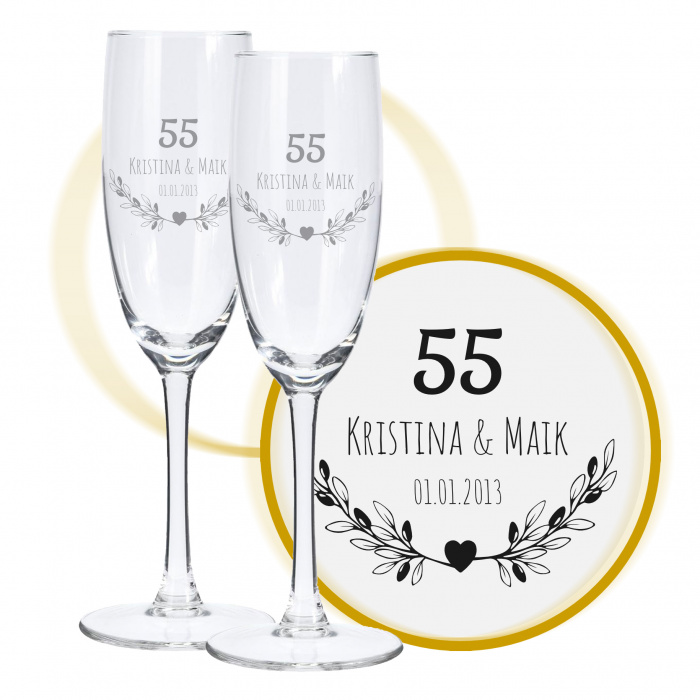 Sektglas mit Gravur zum 55. Hochzeitstag, Blumenherz