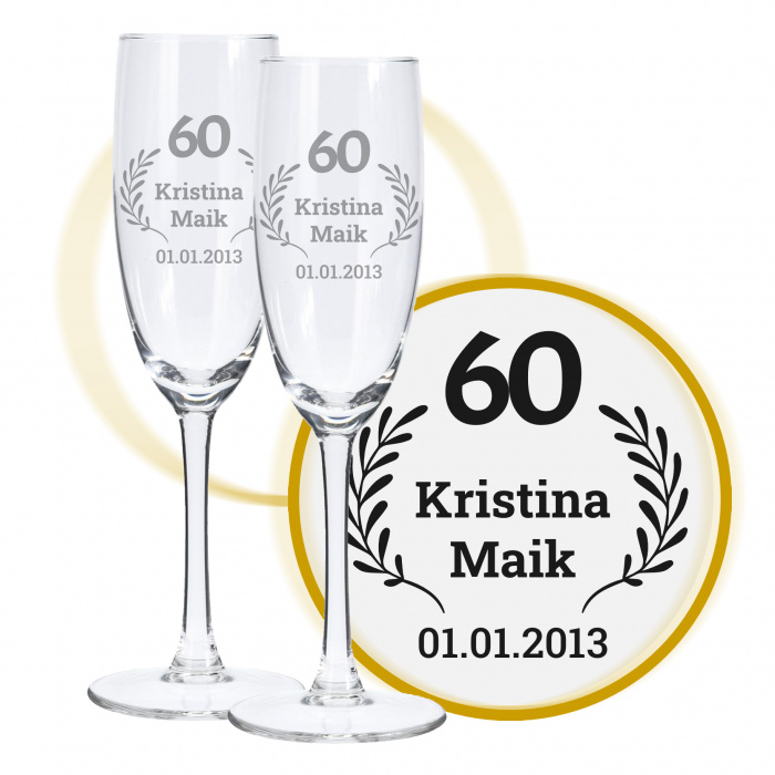 Sektglas mit Gravur zum 60. Hochzeitstag, Liebeslicht