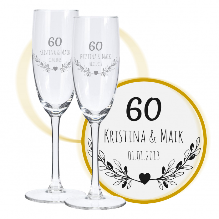 Sektglas mit Gravur zum 60. Hochzeitstag, Blumenherz