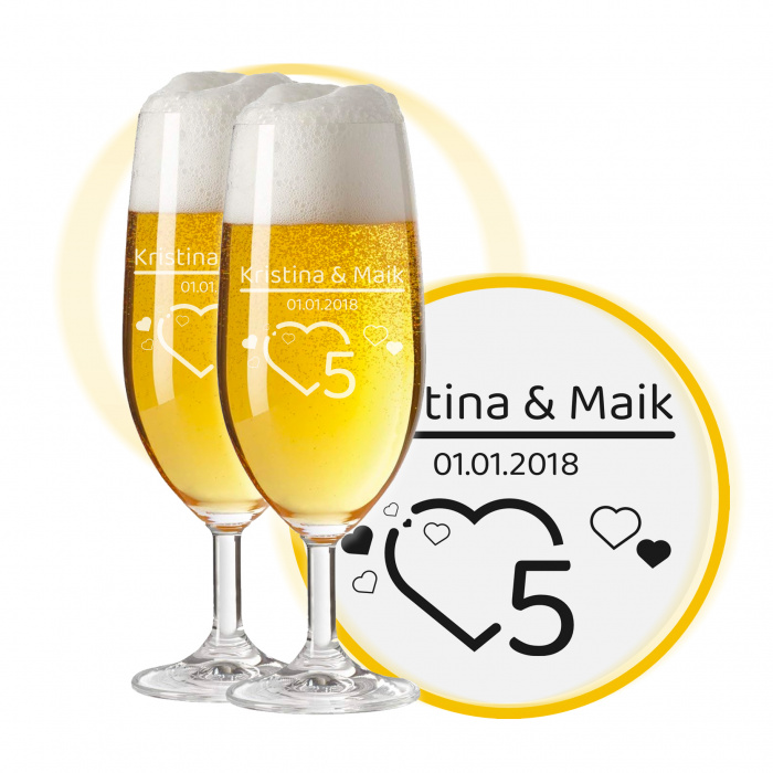 LEONARDO Leonardo Biergläser mit Gravur zum 5. Hochzeitstag, Pils Biertulpe, Herzfunken