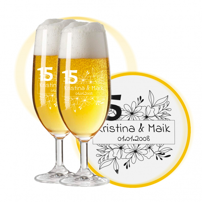 LEONARDO Leonardo Biergläser mit Gravur zum 15. Hochzeitstag / Kristall-Hochzeit, Pils Biertulpe, Blumenkuss