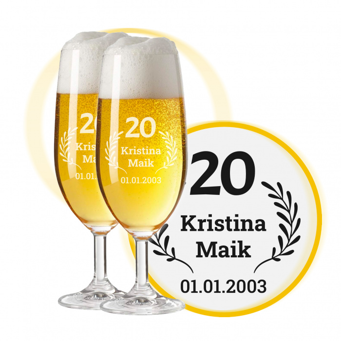 LEONARDO Leonardo Biergläser mit Gravur zum 20. Hochzeitstag / Porzellan-Hochzeit, Pils Biertulpe, Liebeslicht