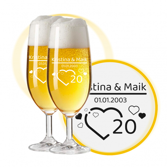 LEONARDO Leonardo Biergläser mit Gravur zum 20. Hochzeitstag / Porzellan-Hochzeit, Pils Biertulpe, Herzfunken