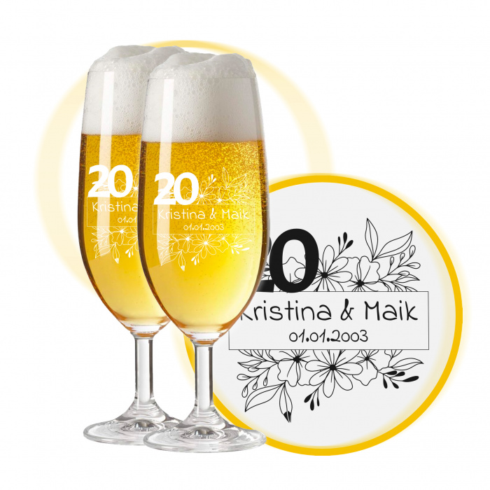 LEONARDO Leonardo Biergläser mit Gravur zum 20. Hochzeitstag / Porzellan-Hochzeit, Pils Biertulpe, Blumenkuss