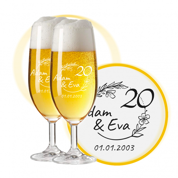 LEONARDO Leonardo Biergläser mit Gravur zum 20. Hochzeitstag / Porzellan-Hochzeit, Pils Biertulpe, Blütenträume