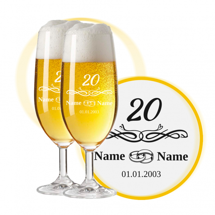 LEONARDO Leonardo Biergläser mit Gravur zum 20. Hochzeitstag / Porzellan-Hochzeit, Pils Biertulpe, Ringliebe