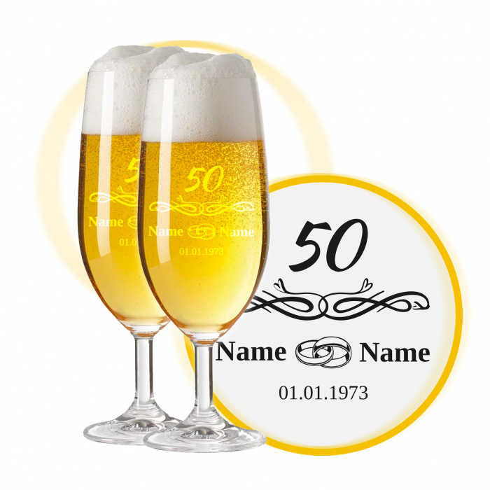 LEONARDO Biergläser mit Gravur zum 50. Hochzeitstag / Goldenen Hochzeit, Pils Biertulpe, Ringliebe