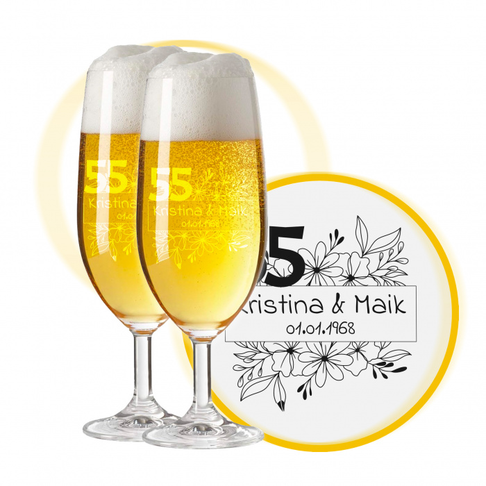 LEONARDO Biergläser mit Gravur zum 55. Hochzeitstag / Platinhochzeit, Pils Biertulpe, Blumenkuss