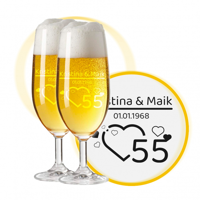 LEONARDO Biergläser mit Gravur zum 55. Hochzeitstag / Platinhochzeit, Pils Biertulpe, Herzfunken
