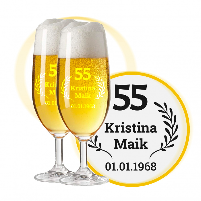 LEONARDO Biergläser mit Gravur zum 55. Hochzeitstag / Platinhochzeit, Pils Biertulpe, Liebeslicht
