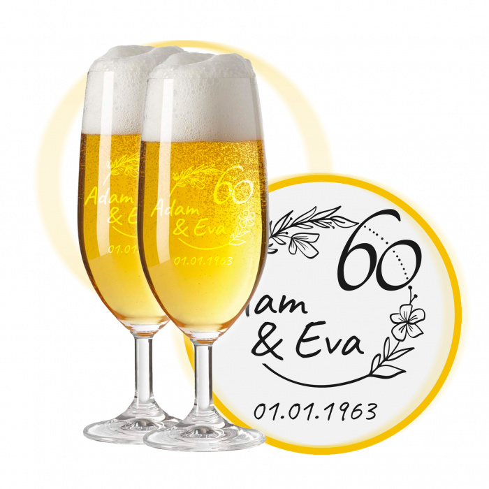 LEONARDO Biergläser mit Gravur zum 60. Hochzeitstag / Diamantene Hochzeit, Pils Biertulpe, Blütenträume
