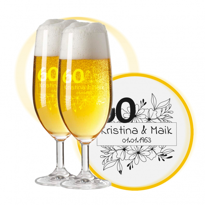 LEONARDO Biergläser mit Gravur zum 60. Hochzeitstag / Diamantene Hochzeit, Pils Biertulpe, Blumenkuss
