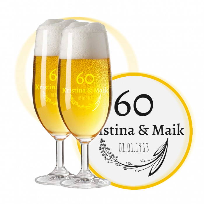 LEONARDO Biergläser mit Gravur zum 60. Hochzeitstag / Diamantene Hochzeit, Pils Biertulpe, Sommerliebe