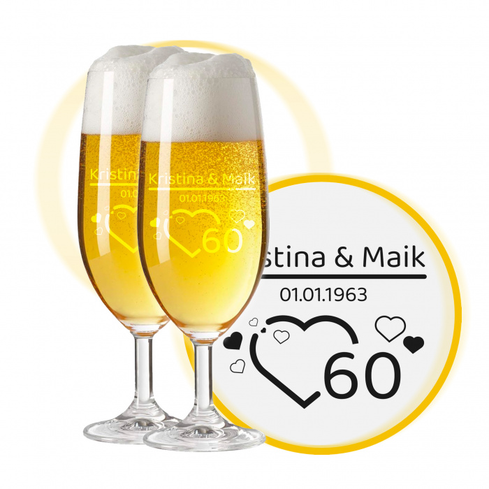 LEONARDO Biergläser mit Gravur zum 60. Hochzeitstag / Diamantene Hochzeit, Pils Biertulpe, Herzfunken