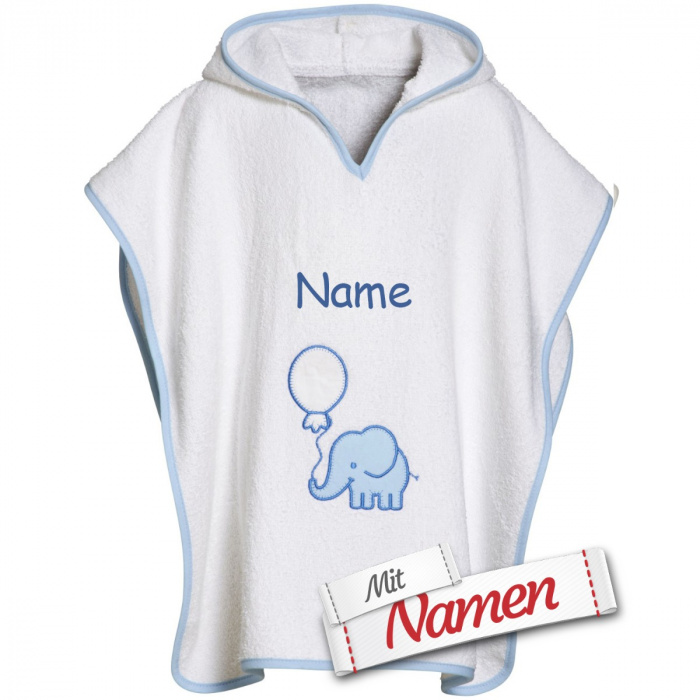 Playshoes Frottee-Poncho Elefant S 117 weiß/bleu, bestickt