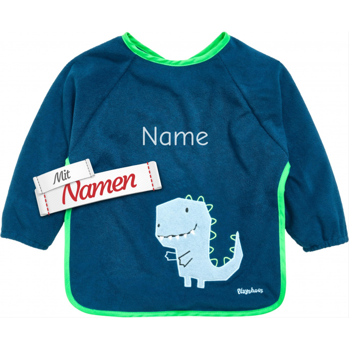 Ärmellätzchen mit Namen bestickt, Dino, Lätzchen mit Ärmeln für Baby und Kleinkind
