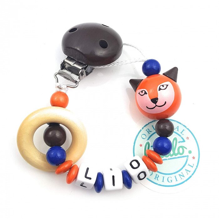 Schnullerkette Fuchs Holzring Orange/Blau/Braun