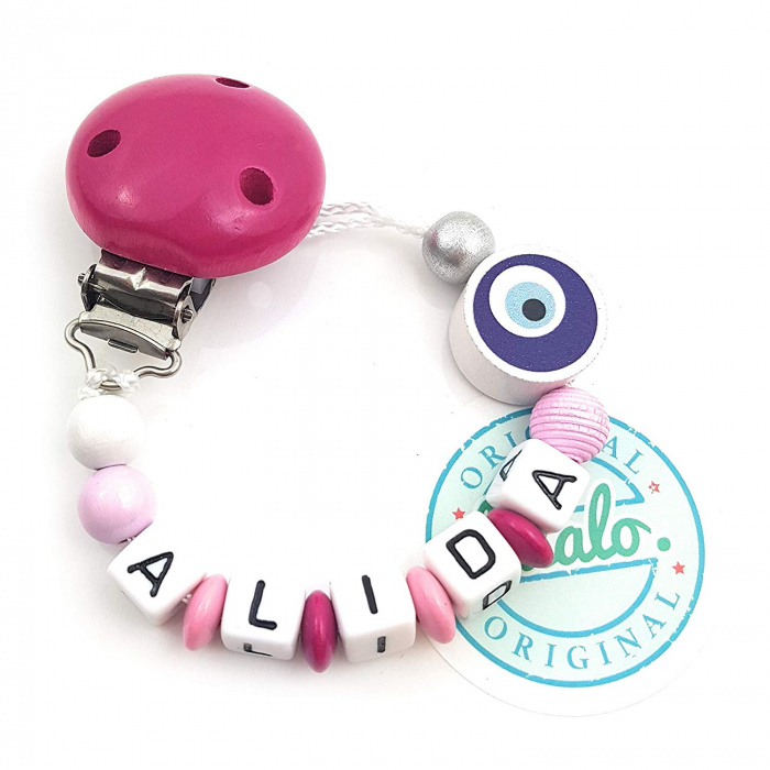 Schnullerkette mit Namen: Handmade Nazar Auge Lila Pink Namenskette, Mädchen Baby Geschenk