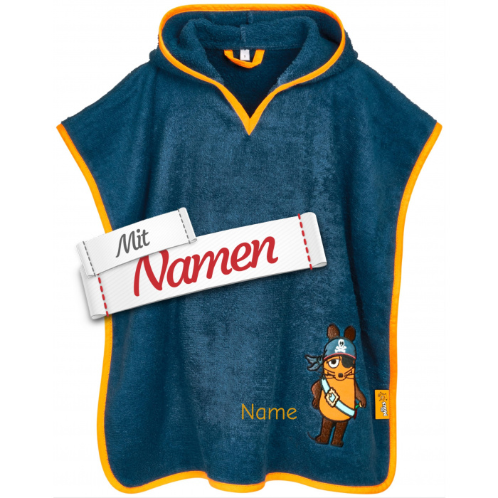 Badeponcho Kinder mit Namen bestickt, DIE MAUS als Pirat, Frottee, Gr. L ab 4 Jahre