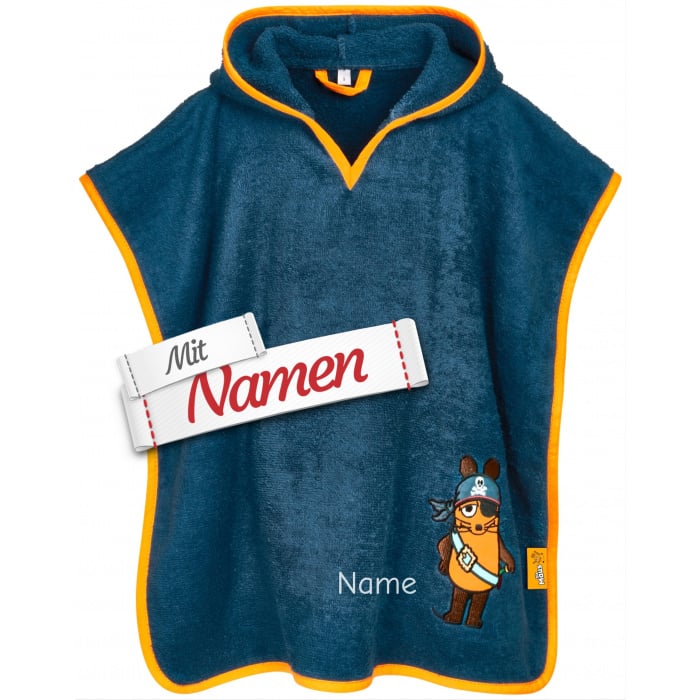 Badeponcho Kinder mit Namen bestickt, DIE MAUS als Pirat, Frottee, Gr. S bis 4 Jahre