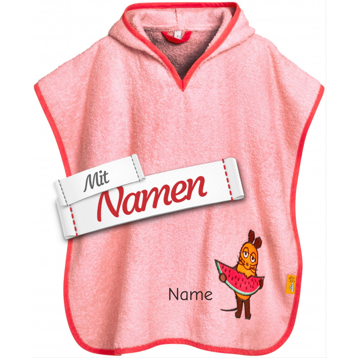 Badeponcho Kinder mit Namen bestickt, DIE MAUS mit Melone, Frottee, Gr. L ab 4 Jahre