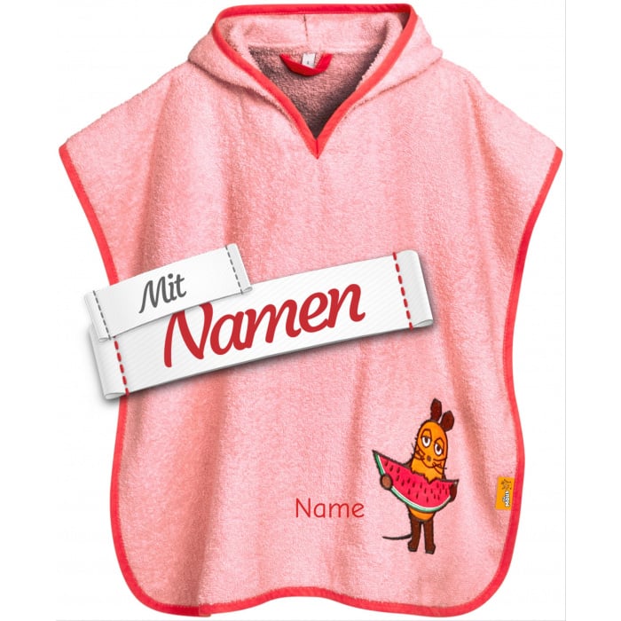 Badeponcho Kinder mit Namen bestickt, DIE MAUS mit Melone, Frottee, Gr. S bis 4 Jahre