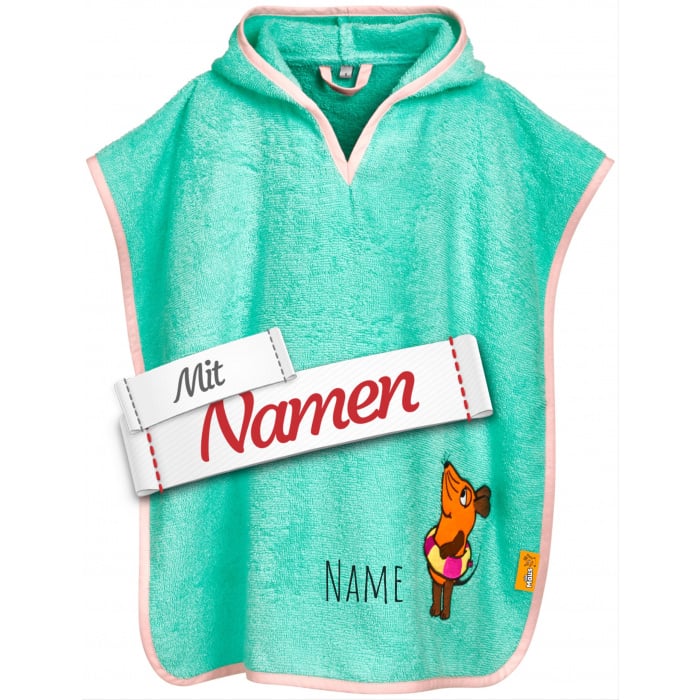Badeponcho Kinder mit Namen bestickt, DIE MAUS mit Schwimmring, Frottee, Gr. L ab 4 Jahre