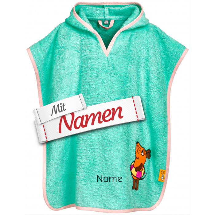 Badeponcho Kinder mit Namen bestickt, DIE MAUS mit Schwimmring, Frottee, Gr. S bis 4 Jahre