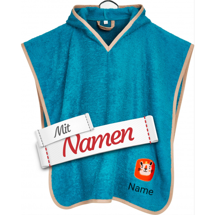 Badeponcho Kinder mit Namen bestickt, Löwe, Frottee, Gr. S bis 4 Jahre