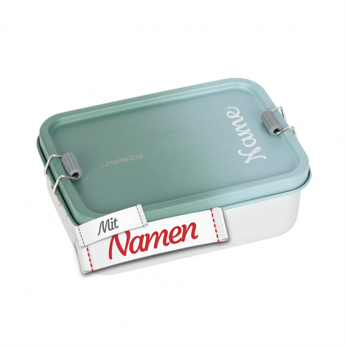 Brotdose Kinder mit Namen graviert, Lässig Unique Grün, Edelstahl mit Metalldeckel