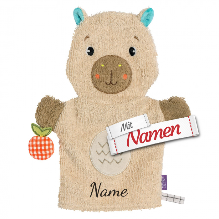 Fehn Capybara Baby Waschlappen personalisiert, Waschhandschuh mit Namen bestickt