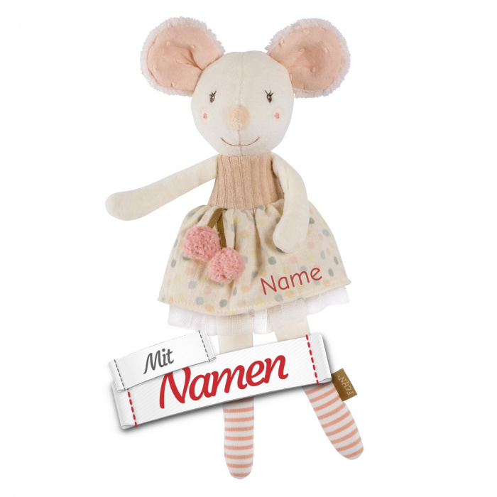 Fehn Maus Kuscheltier personalisiert, Erste Puppe mit Namen bestickt